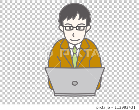 Businessman wearing a brown suit and glasses and using a computer Businessman wearing a brown suit and glasses and using a computer 112992431