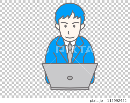 A businessman wearing a blue suit and using a computer A businessman wearing a blue suit and using a computer 112992432