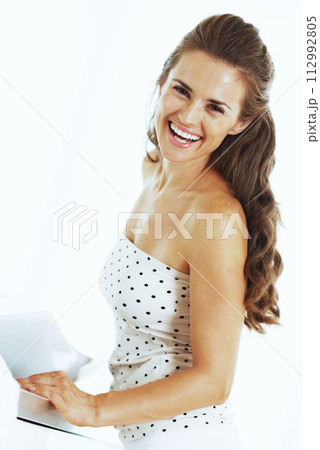 smiling young woman in bathroom smiling young woman in bathroom 112992805