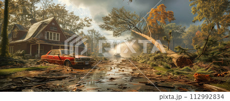 A tree felling after a hurricane on a cars. The consequences of the raging disaster. A tree felling after a hurricane on a cars. The consequences of the raging disaster. 112992834