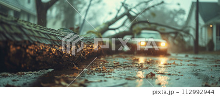 A tree felling after a hurricane on a car and a house . The consequences of the raging disaster. 112992944