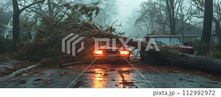 A tree felling after a hurricane on a cars. The consequences of the raging disaster. A tree felling after a hurricane on a cars. The consequences of the raging disaster. 112992972
