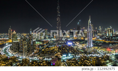 Dubai Downtown at night timelapse view from the top in Dubai, United Arab Emirates 112992975