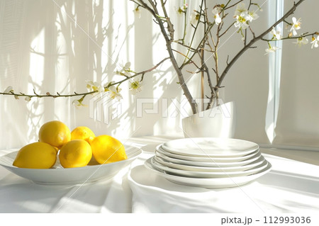 Experience serenity with this arrangement of fresh lemons, white tableware 112993036