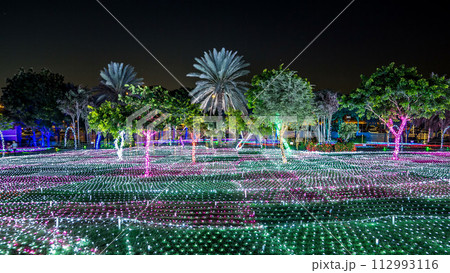 Dubai Glow Garden timelapse with illuminated trees and sculptures 112993116