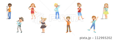 Little Children Singing with Microphone Performing on Stage Vector Set 112993202