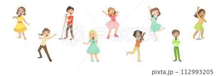 Little Children Singing with Microphone Performing on Stage Vector Set 112993205