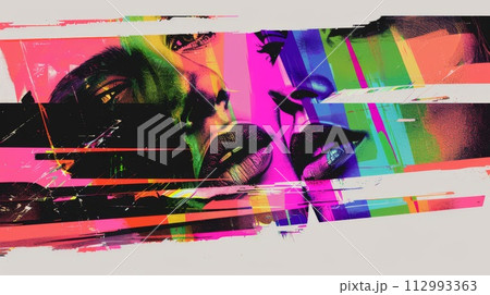 AI-generated content. LGBT pride two girls kiss, Y2k art for t-shirts and clothes, lips kiss collage with a negative photocopy effect. Rough brutal elements for 90s vintage design. Ai Generation 112993363