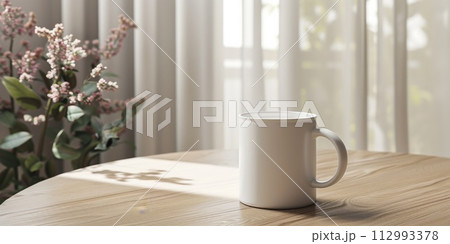AI-generated content. White Mug Mockup - Easter or Spring theme. Blank white mug next to blossom in a glass vase. Perfect for businesses selling mugs, just overlay your quote or design on to the image 112993378
