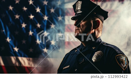 American policeman, background is USA flag 112993422