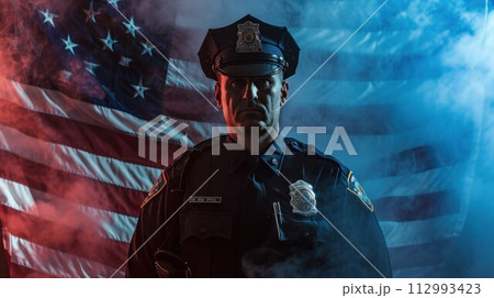 American policeman, background is USA flag American policeman, background is USA flag 112993423