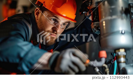 Professional Caucasian Plumber Repairing Tank Water Heater in Boiler Room of Commercial Building. Heating Equipment Maintenance Theme Professional Caucasian Plumber Repairing Tank Water Heater in Boiler Room of Commercial Building. Heating Equipment Maintenance Theme 112993443