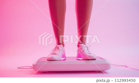Close up of a woman standing barefoot on a scale. 112993450