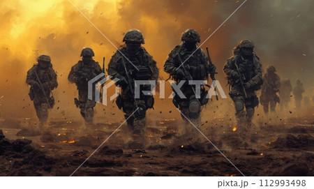 Special operations forces soldier, army ranger or commando in camo uniform, helmet and ballistic glasses walking at battlefield covered with smoke Special operations forces soldier, army ranger or commando in camo uniform, helmet and ballistic glasses walking at battlefield covered with smoke 112993498