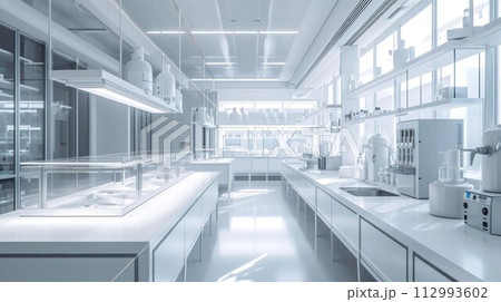 Modern Empty Biological Applied Science Laboratory with Technological Microscopes, Glass Test Tubes, Micropipettes 112993602