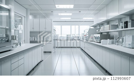 Modern Empty Biological Applied Science Laboratory with Technological Microscopes, Glass Test Tubes, Micropipettes 112993607