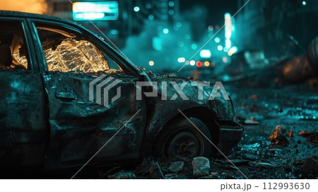 Car crashed heavily in road accident after collision on city street at night. Road safety and insurance concept 112993630