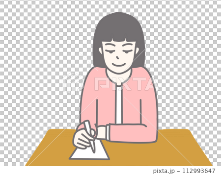 A woman wearing a pink suit and writing A woman wearing a pink suit and writing 112993647