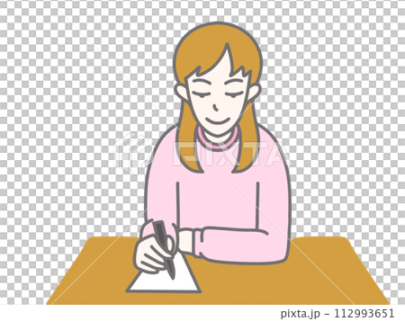 A woman wearing pink clothes and writing on paper A woman wearing pink clothes and writing on paper 112993651