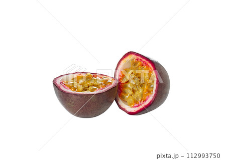 Concept of delicious and juicy exotic fruit - passion fruit, isolated on white background 112993750