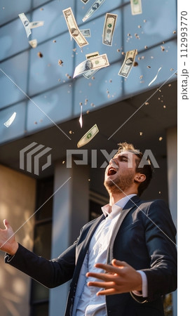 AI Generated businessman catching flying dollar banknotes. 112993770