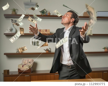 AI Generated businessman catching flying dollar banknotes. AI Generated businessman catching flying dollar banknotes. 112993771