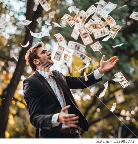 AI Generated businessman catching flying dollar banknotes. AI Generated businessman catching flying dollar banknotes. 112993772