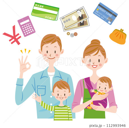 お金のことを考える家族　家計　節約　財布　電卓　通帳　貯金 112993946