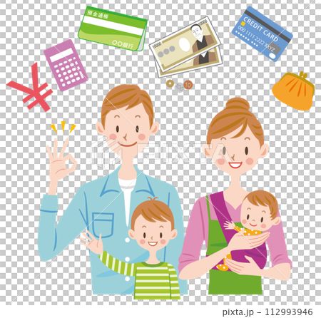 お金のことを考える家族　家計　節約　財布　電卓　通帳　貯金 112993946