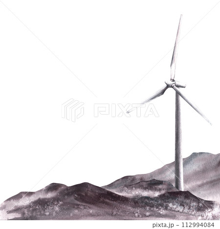Watercolor monochrome landscape with windmills, wind turbine on mountain ranges. Hand drawn illustration, eco clipart on the theme climate, alternative energy, environmental protection. isolated white 112994084
