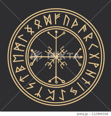Rune circle gold Icelandic celtic viking talisman Navigation Compass, frame occult amulet, tribal norse writng isolated on dark background. 112994108