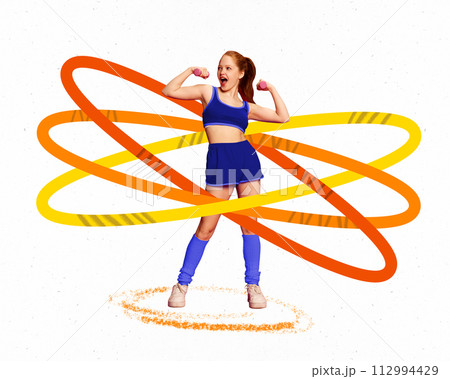 Creative conceptual collage. Young motivated girl in sportswear training with dumbbells on white background with colorful abstract elements. 112994429