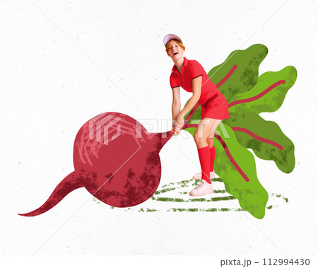Smiling young girl in sportswear pulling against white background. Health diet and sport. Creative conceptual collage. 112994430