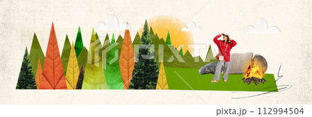 Woman with binoculars, campfire and forest at sunset. Hiking in forest, outdoor activity on warm day. Contemporary art collage Woman with binoculars, campfire and forest at sunset. Hiking in forest, outdoor activity on warm day. Contemporary art collage 112994504