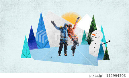Happy young man and woman, friends mountaineering together in winter. Expressing positive energy. Contemporary art collage Happy young man and woman, friends mountaineering together in winter. Expressing positive energy. Contemporary art collage 112994508