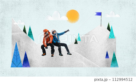 Young man and woman sitting on peak of mountain and talking. Friends mountaineering together in winter. Contemporary art collage Young man and woman sitting on peak of mountain and talking. Friends mountaineering together in winter. Contemporary art collage 112994512