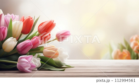 tulips on wooden table 112994561