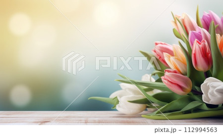 heap of tulips in a wooden table with bokeh background 112994563