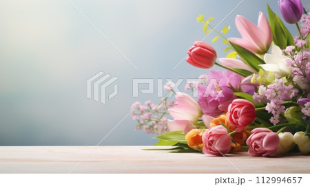 bunch of spring flowers on wooden table 112994657