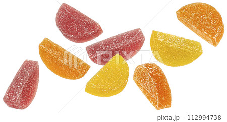Orange and lemon marmalade candies, citrus jelly slices isolated on white background 112994738