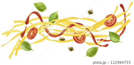 Falling Fettuccine pasta with tomato sauce and basil leaves isolated on white background Falling Fettuccine pasta with tomato sauce and basil leaves isolated on white background 112994755