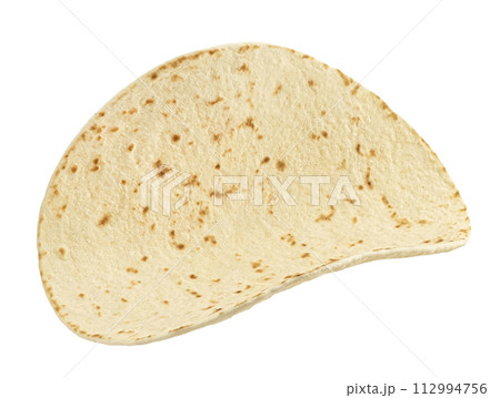 Empty tortilla, thin wheat flatbread isolated on white background with clipping path, full depth of field Empty tortilla, thin wheat flatbread isolated on white background with clipping path, full depth of field 112994756