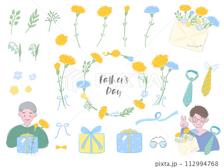父の日、カーネーションとお父さんとプレゼントと装飾、シンプルな手描きのイラストセット 父の日、カーネーションとお父さんとプレゼントと装飾、シンプルな手描きのイラストセット 112994768