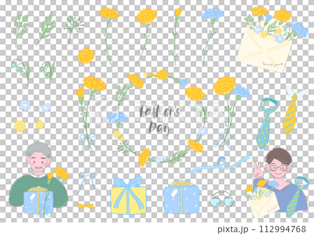 父の日、カーネーションとお父さんとプレゼントと装飾、シンプルな手描きのイラストセット 父の日、カーネーションとお父さんとプレゼントと装飾、シンプルな手描きのイラストセット 112994768