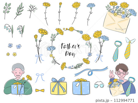 父の日、カーネーションとお父さんとプレゼントと装飾、シンプルな手描きのイラストセット 父の日、カーネーションとお父さんとプレゼントと装飾、シンプルな手描きのイラストセット 112994771