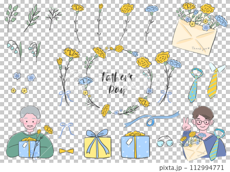 父の日、カーネーションとお父さんとプレゼントと装飾、シンプルな手描きのイラストセット 父の日、カーネーションとお父さんとプレゼントと装飾、シンプルな手描きのイラストセット 112994771