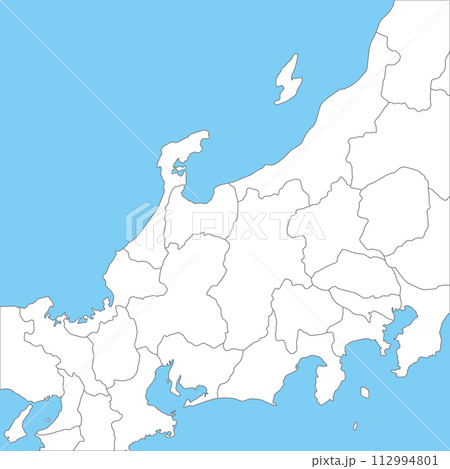 北陸地方と中部地方周辺のシンプルな白地図、県の境界入り 112994801