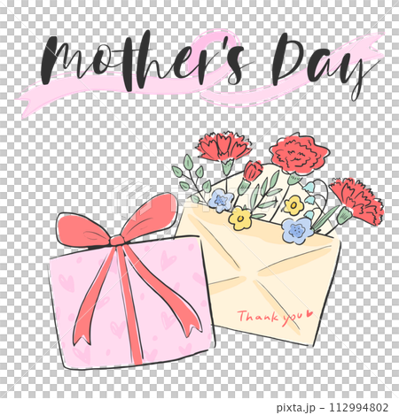 Gift box and red carnation flowers, decoration, cute hand drawn illustration for mother's day 112994802