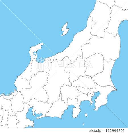 関東地方から中部地方周辺の方のシンプルな白地図、県の境界入り 112994803