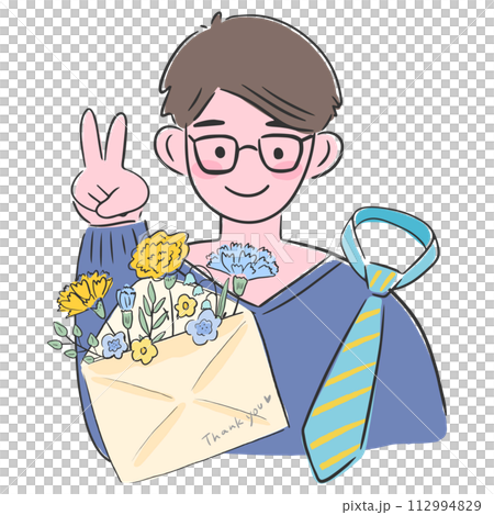 父の日、笑顔の男性とカーネーションとネクタイ、シンプルな手描きのイラスト 父の日、笑顔の男性とカーネーションとネクタイ、シンプルな手描きのイラスト 112994829
